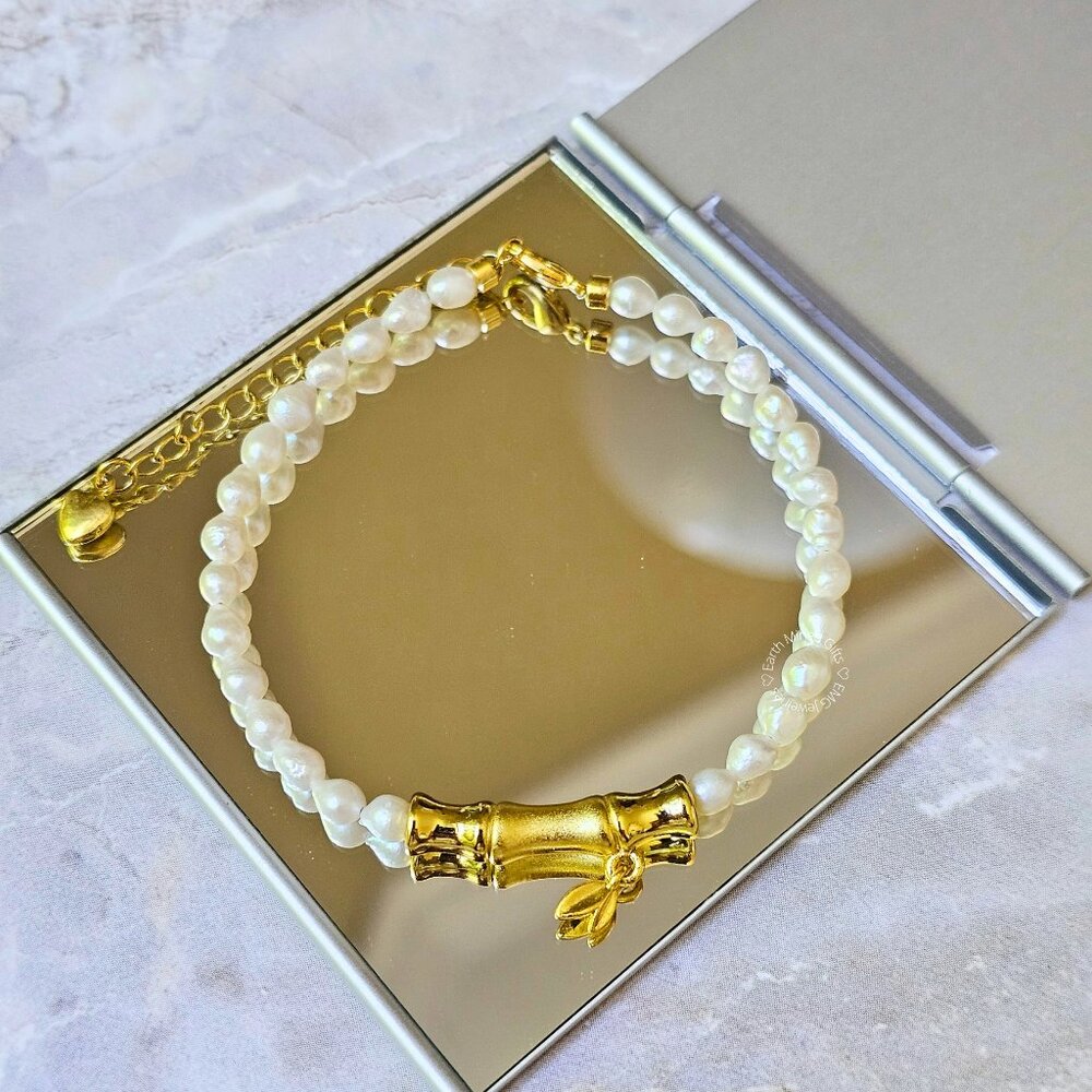 Delicate Freshwater Pearl Bracelet with Bamboo 24K Plated Charm